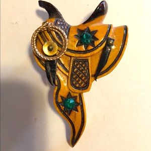 Unique one of a kind carved wood saddle brooch